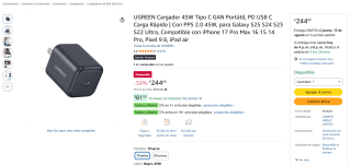 UGREEN Cargador 45W Tipo C GAN Portátil por $244 en Amazon