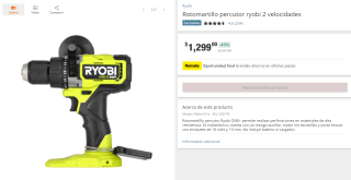 Rotomartillo percutor Ryobi 2 velocidades por $1,299 en The Home Depot México