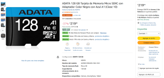 ADATA Micro SDXC 128GB V10 A1 por $197 | Amazon