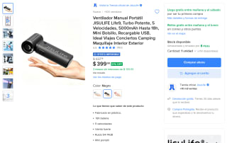 Life9 ventilador portátil de mano 5000mAh por $400 en Mercado Libre