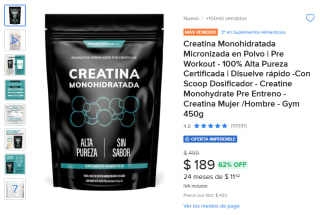 Creatina Monohidratada Pre Workout 450g por $189 | Mercado Libre