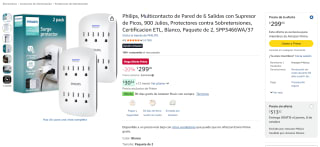 Philips Multicontacto de Pared 6 salidas (paquete de 2) por $299 en Amazon