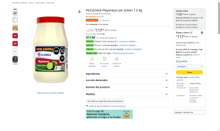 Mayonesa McCormick con Jugo de Limón 1.2 kg por $74 | Amazon