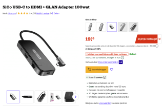 SiCo USB-C to HDMI + GLAN Adapter 100wat voor 19,99 euro