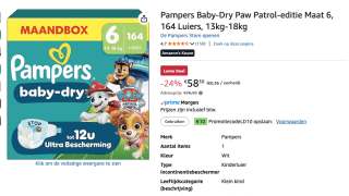 Pampers Baby-Dry Paw Patrol-editie Maat 6, 164 Luiers voor €48,30 bij Amazon