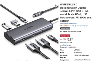 UGREEN USB C Dockingstation Dubbel scherm 6 IN 1 USB C Hub voor €25,71 bij Amazon