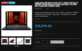 MSI Katana 15 HX 15.6" 165Hz i7-14650HX RTX 5070 16GB 1TB por $28,999 | DDTech