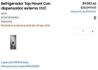 Refrigerador Samsung Top Mount con Dispensador Externo por $4,500