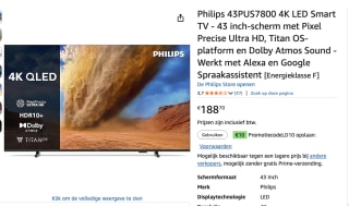 Philips 43PUS7800/12 - 43 inch - 4K QLED - 2025 voor €188,70 bij Amazon