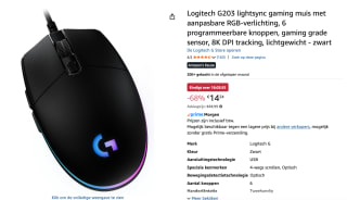 LOGITECH G G203 LIGHTSYNC Gaming-muis voor €14,24 bij Amazon