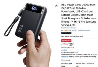 INIU Power Bank, 20000 mAh 22,5 W voor €15,34 bij Amazon