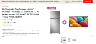 Refrigerador Top Freezer 14 pies + Smart TV LG AI 43" por $12,798