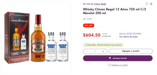 Whisky Chivas Regal 12 Años 750ml y 2 Absolut 200ml por $605 | Bodegas Alianza