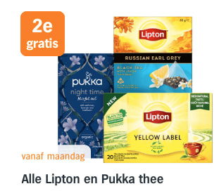 1+1 gratis op Alle Lipton en Pukka thee bij de AH