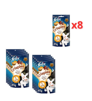Pack de 8×45gr Purina Félix Crispies Gato adulto buey y pollo por 3.99€.