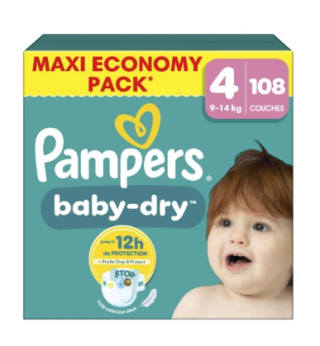 Couches Pampers bébés Baby-Dry 9-14kg de taille 4 à 34,90€