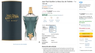 Jean Paul Gaultier Le Beau 125ml por $1,650 | Amazon