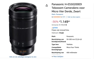 Panasonic Lumix 50-200mm F/2.8-4.0 ASPH Leica DG Vario-Elmarit voor €1.149 bij Amazon
