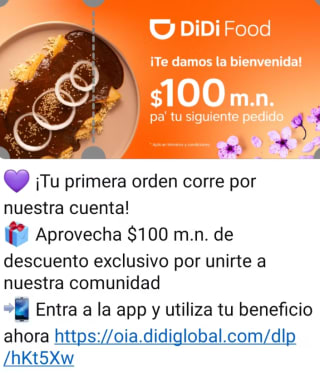 Cupón DiDi Food: $100 de Descuento