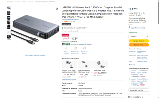 Banco de Energía UGREEN 25000mAh 145W por $1,175 | Amazon