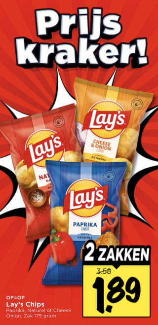 2 zakken Lay's chips (2 x 175 g) voor €1,89 bij Vomar