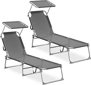 SONGMICS Juego de 2 Tumbonas Plegables, 189 x 53 x 28,5 cm con parasol por 59,99€