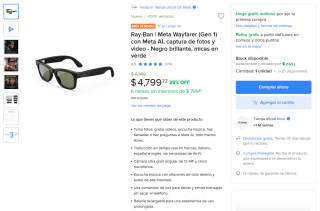 Gafas Ray-Ban Meta Wayfarer Gen1 por $4,319 | Mercado Libre (Banamex)
