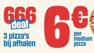 3 medium pizza's voor €6 (afhalen) of €8 (bezorgen) bij Domino's