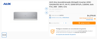 AUX Aire Minisplit Inverter ASW-12A2INV/SS 12000 BTU por $4,229 | CyberPuerta