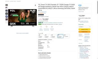Pantalla TCL 75Q5K QLED 4K 75" por $10,299 | Oferta Amazon