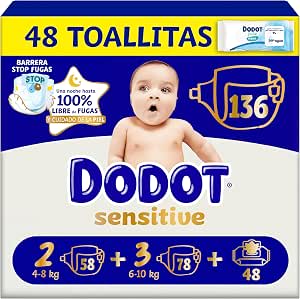 Dodot Sensitive 58 Pañales Talla 2 + 78 Pañales Talla 3 + 48 Toallitas Pure Aqua
