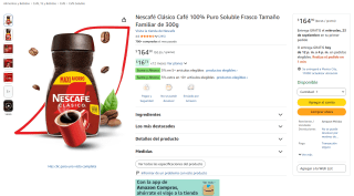 Nescafé Clásico 300g por $165 en Amazon