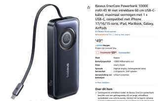 Baseus EnerCore Powerbank 10000 mAh 45 W voor €25,99 bij Amazon