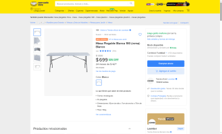 Mesa Plegable 180cm Blanca por $699 | Mercado Libre