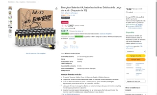 Baterías AA Energizer Alkaline Power 32U por $347 | Amazon