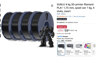 1 Kg SUNLU 4 kg 3D-printer filament PLA+ 1,75 mm voor €39,89 bij Amazon