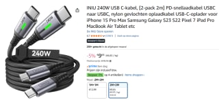 INIU 240W USB C-kabel, [2-pack 2m] voor €9,65 bij Amazon