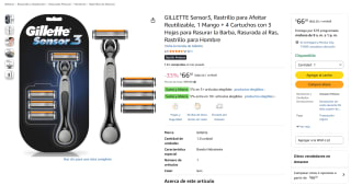 GILLETTE Sensor3, rastrillo reutilizable (1 mango + 4 cartuchos) por $67 en Amazon