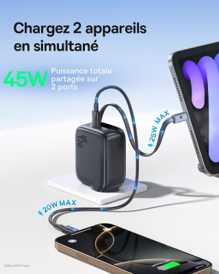 Baseus Enercore chargeur USB‑C 45W avec câble intégré pour 33,98€