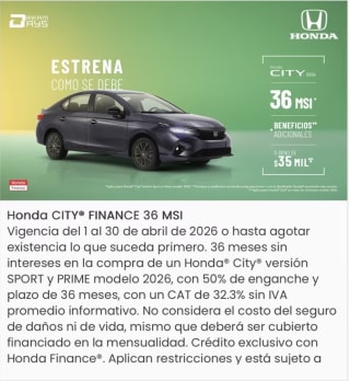 Honda City Sport o Prime 2026 a 36 meses sin intereses