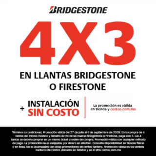 Llantas Bridgestone y Firestone 4x3 en Costco