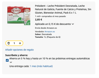 6 litros Leche Président Desnatada por 2.85€ Amazon