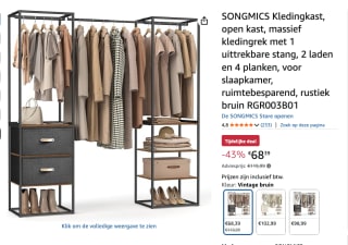 SONGMICS Kledingrek met 2 lades en 4 planken voor €68,39 bij Amazon