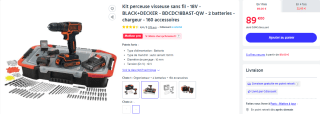 Kit perceuse visseuse sans fil - 18V à 89€