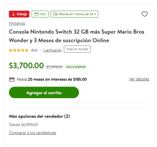 Nintendo Switch 32GB + Super Mario Bros Wonder y Switch Online por $3,700
