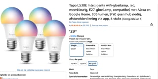 4-Pack Tapo L530E Slimme Ledlamp E27 voor €29,64 bij Amazon