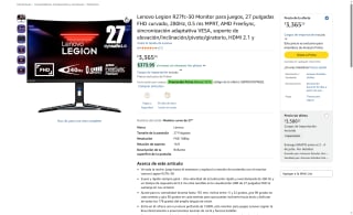 Monitor Curvo Lenovo Legion R27fc-30 por $3,029 | Amazon