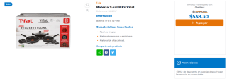 Batería T-Fal 8pzas Vital por $538 | Chedraui