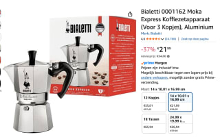 Percolator Bialetti Moka Express 3-kops voor €21,99 bij AMazon