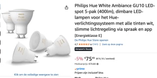 Philips Hue White Ambiance GU10 LED-spot 5-pak voor €75,49 bij Amazon